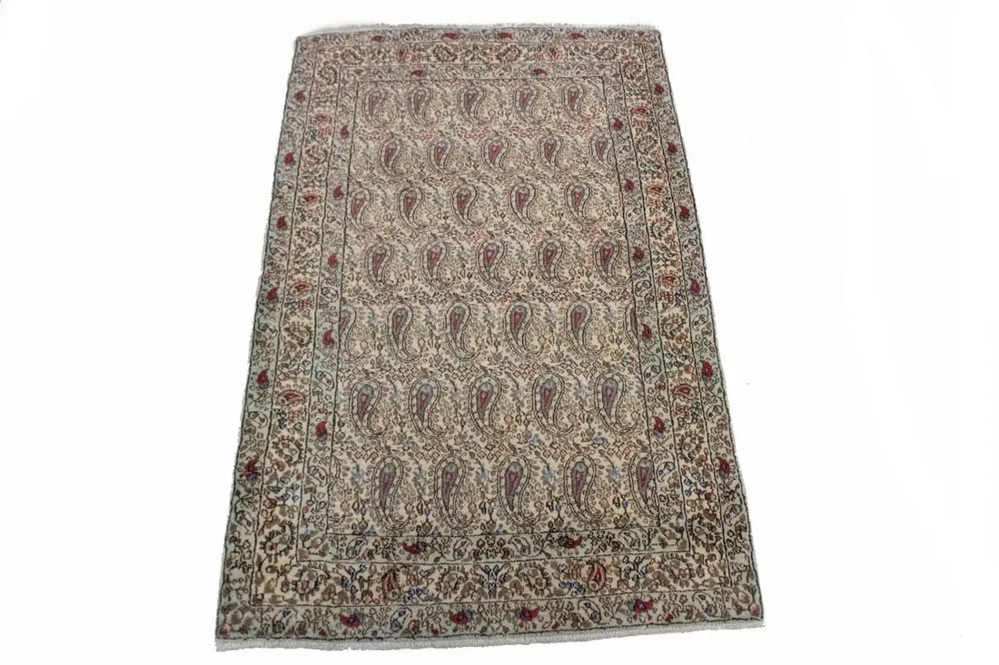 Vintage Beige Floral 3X5 Kashan Boteh Persian Rug - 3