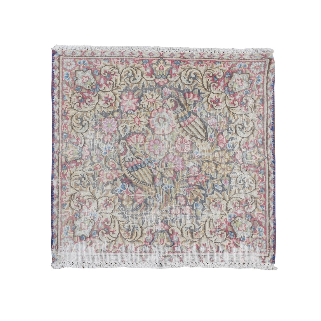 Blue Vintage Persian Kerman Birds Design Hand Knotted Worn Wool Rug: Title: Blue Vintage Persian Kerman Birds Design Hand Knotted Worn Wool Rug Description:This is a truly genuine one-of-a-kind. It has been Knotted for months and months in the centuries-old weaving