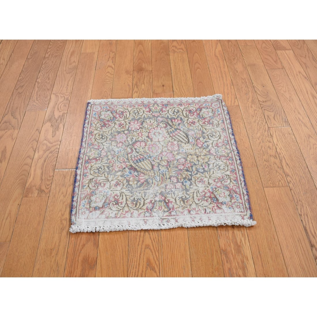 Blue Vintage Persian Kerman Birds Design Hand Knotted Worn Wool Rug - 2