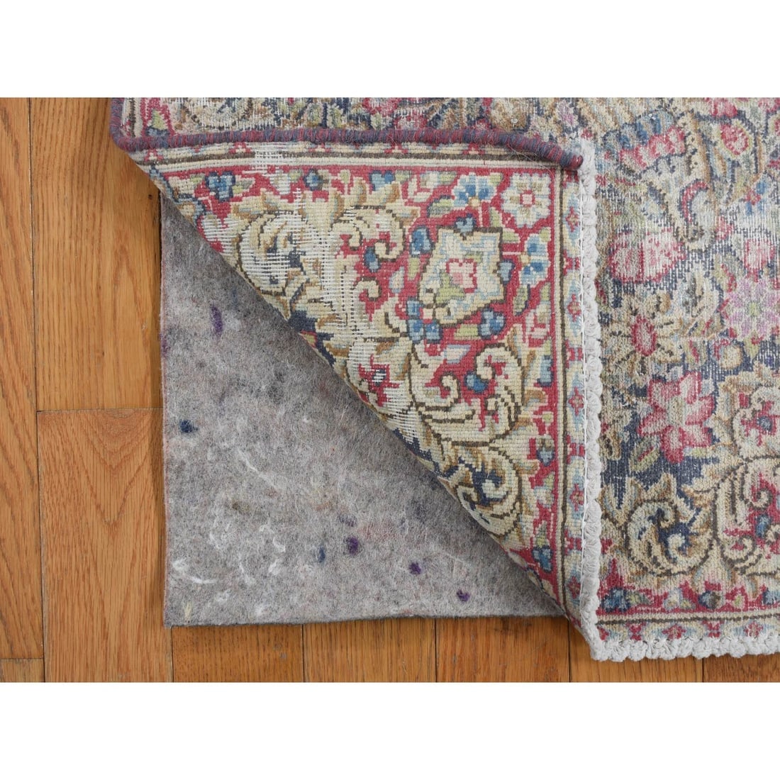 Blue Vintage Persian Kerman Birds Design Hand Knotted Worn Wool Rug - 3