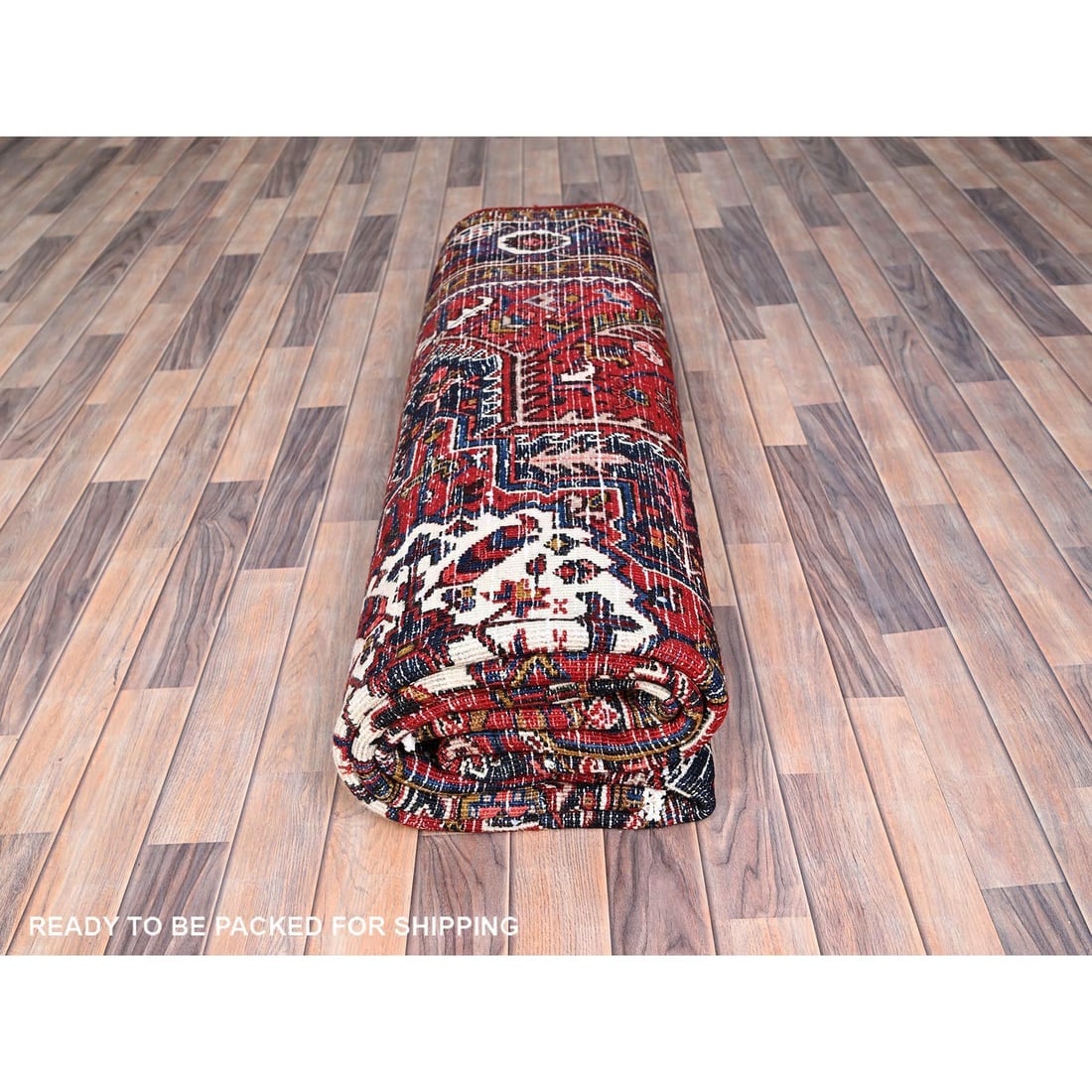 Tomato Red, Pure Wool, Hand Knotted, Semi Antique Persian Heriz, Rug - 9