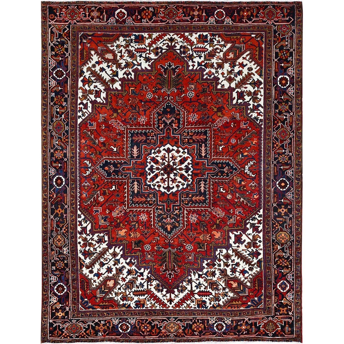 Tomato Red, Pure Wool, Hand Knotted, Semi Antique Persian Heriz, Rug: Title: Tomato Red, Pure Wool, Hand Knotted, Semi Antique Persian Heriz, Rug Description:This is a truly genuine one-of-a-kind. It has been Knotted for months and months in the centuries-old weaving cr