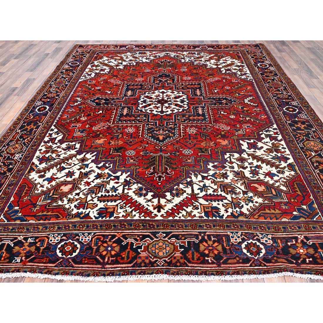 Tomato Red, Pure Wool, Hand Knotted, Semi Antique Persian Heriz, Rug - 2