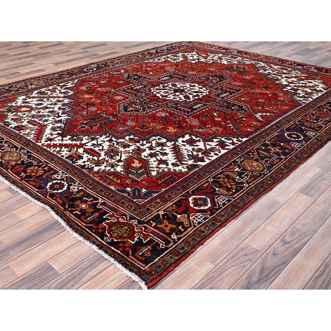 Tomato Red, Pure Wool, Hand Knotted, Semi Antique Persian Heriz, Rug - 3