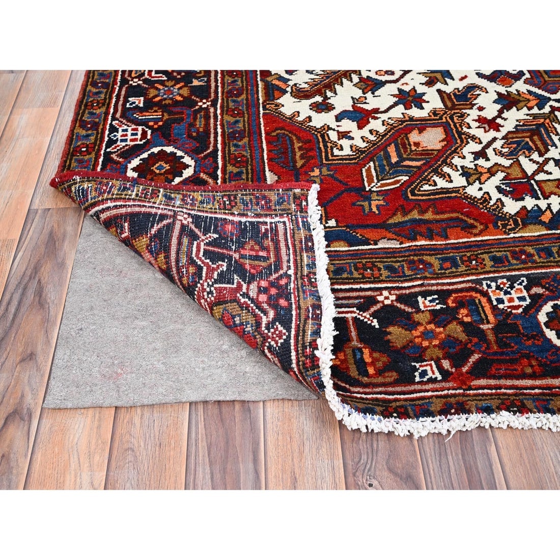 Tomato Red, Pure Wool, Hand Knotted, Semi Antique Persian Heriz, Rug - 4