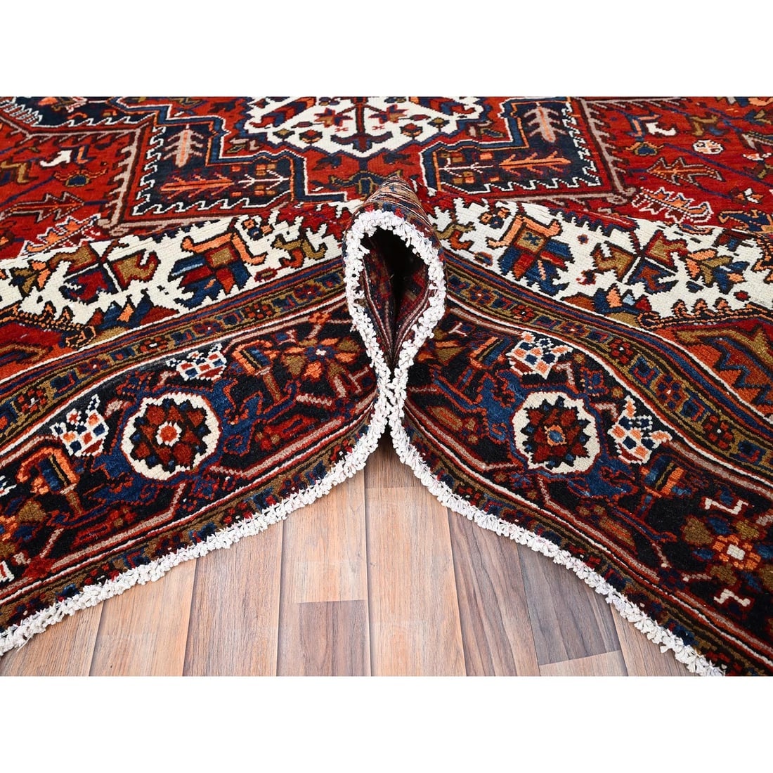 Tomato Red, Pure Wool, Hand Knotted, Semi Antique Persian Heriz, Rug - 5