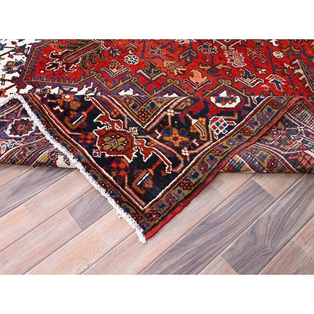 Tomato Red, Pure Wool, Hand Knotted, Semi Antique Persian Heriz, Rug - 6