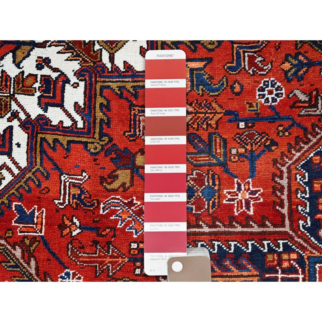 Tomato Red, Pure Wool, Hand Knotted, Semi Antique Persian Heriz, Rug - 7