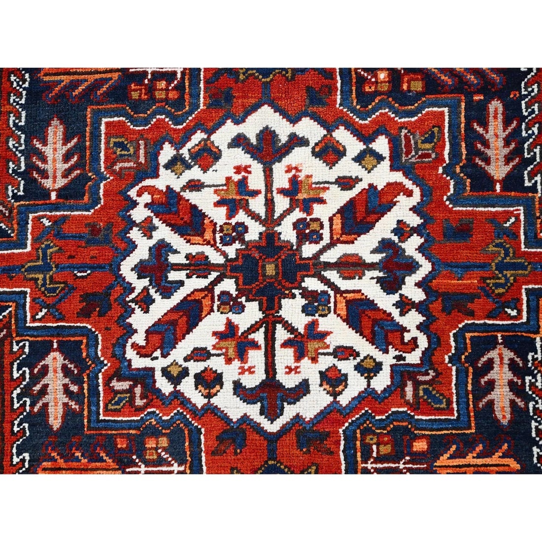 Tomato Red, Pure Wool, Hand Knotted, Semi Antique Persian Heriz, Rug - 8