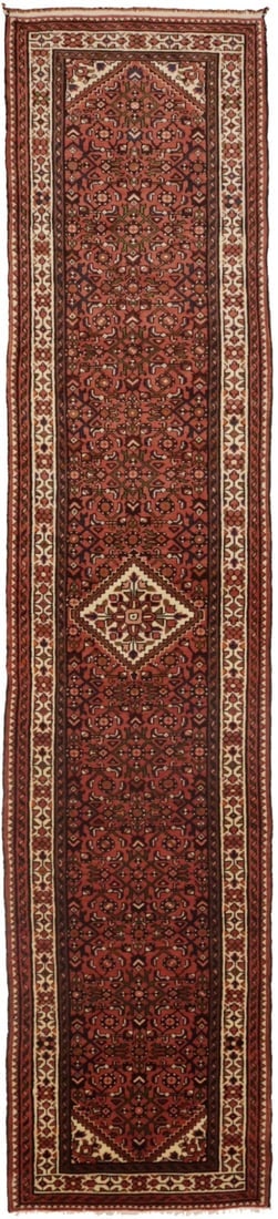 Vintage Bittersweet Red Tribal 3X13 Hamedan Persian Runner Rug: Title: Vintage Bittersweet Red Tribal 3X13 Hamedan Persian Runner Rug Description:Hand Knotted vintage 3X13 red Persian runner made with natural dyes (fine wool pile and cotton foundation), superior k