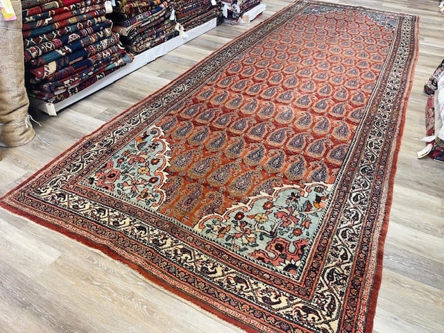 Antique Gallery size Persian Malayer-VG: Title:Antique Gallery size Persian Malayer-VG Description:Beautiful antique gallery size Malayer size 6 ft by 17 ft with Paisley design with different direction on rust field, circa 1920 in excellent 