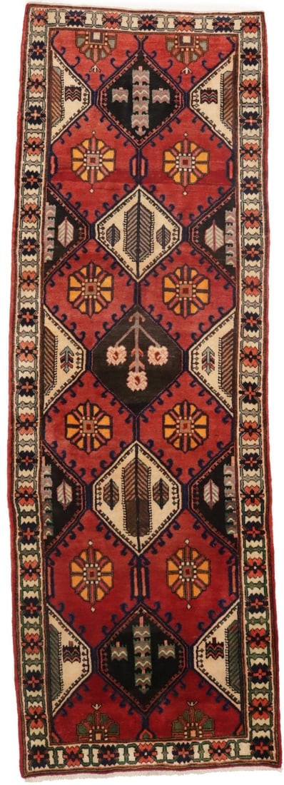 Vintage Rusty Red Floral 3'5X10'3 Bakhtiari Persian Runner Rug: Title: Vintage Rusty Red Floral 3'5X10'3 Bakhtiari Persian Runner Rug Description:Hand Knotted vintage 3'5X10'3 rusty red Persian runner made with vegetable dyes (fine wool pile and cotton foundation)