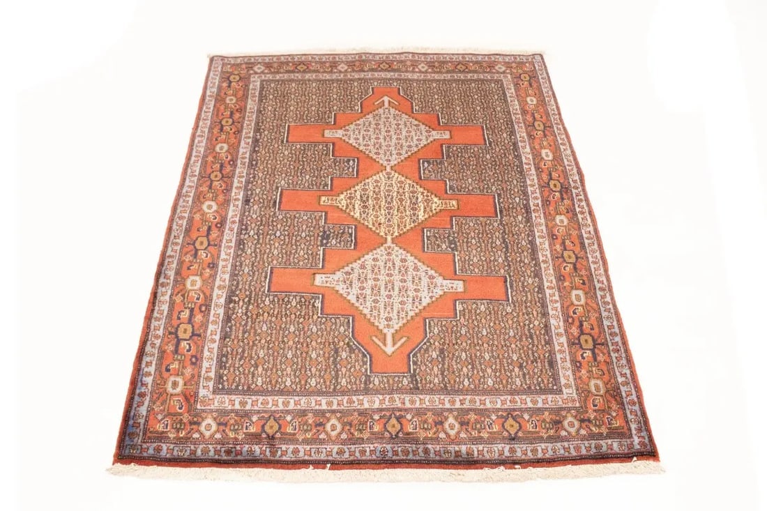 Vintage Orange Geometric 4X5 Bidjar Sanneh Persian Rug - 3