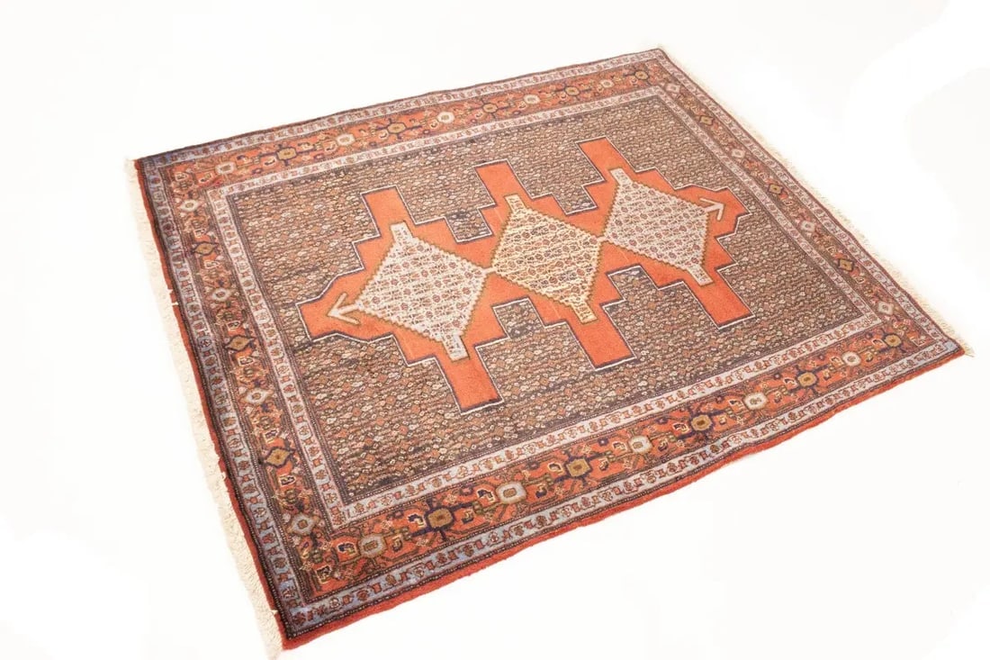 Vintage Orange Geometric 4X5 Bidjar Sanneh Persian Rug - 4
