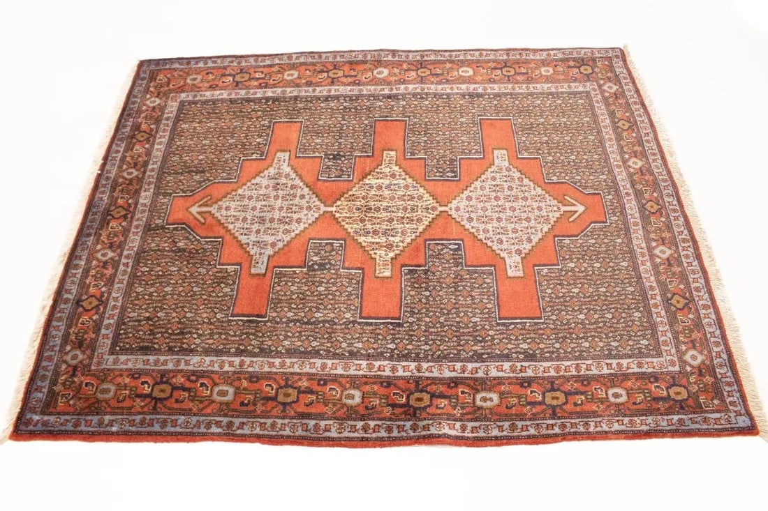 Vintage Orange Geometric 4X5 Bidjar Sanneh Persian Rug - 6