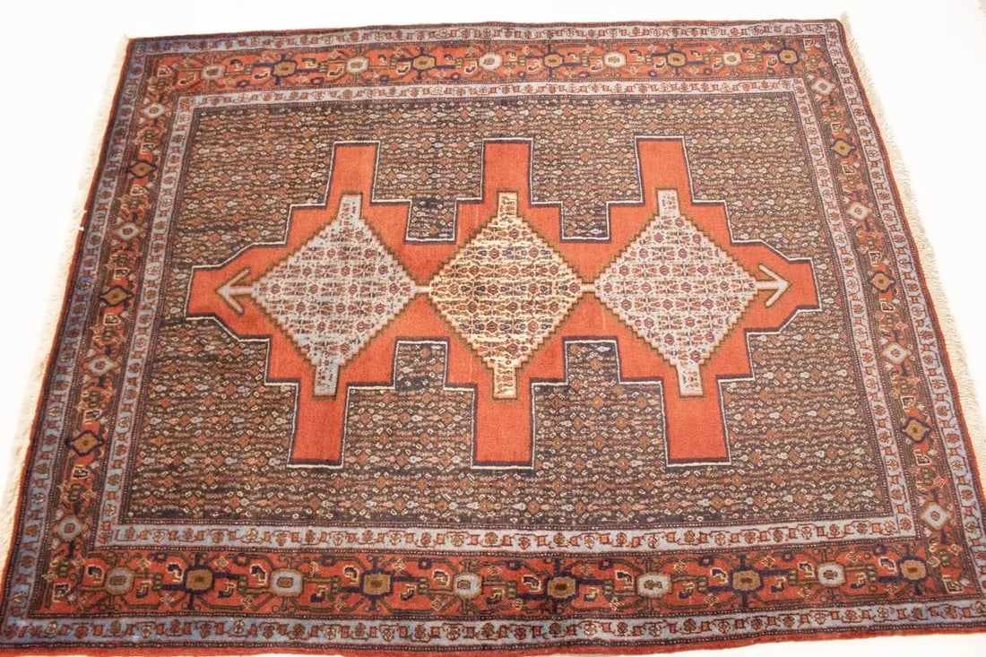 Vintage Orange Geometric 4X5 Bidjar Sanneh Persian Rug - 7