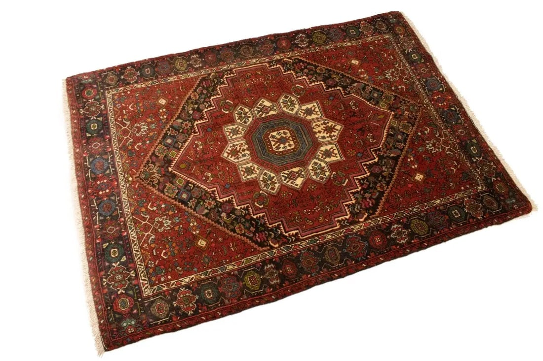 Vintage Geometric Red 3'4X4'9 Bidjar Persian Rug - 4