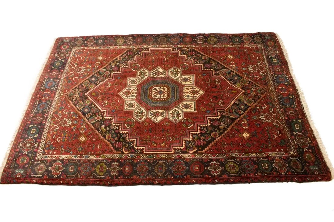 Vintage Geometric Red 3'4X4'9 Bidjar Persian Rug - 6