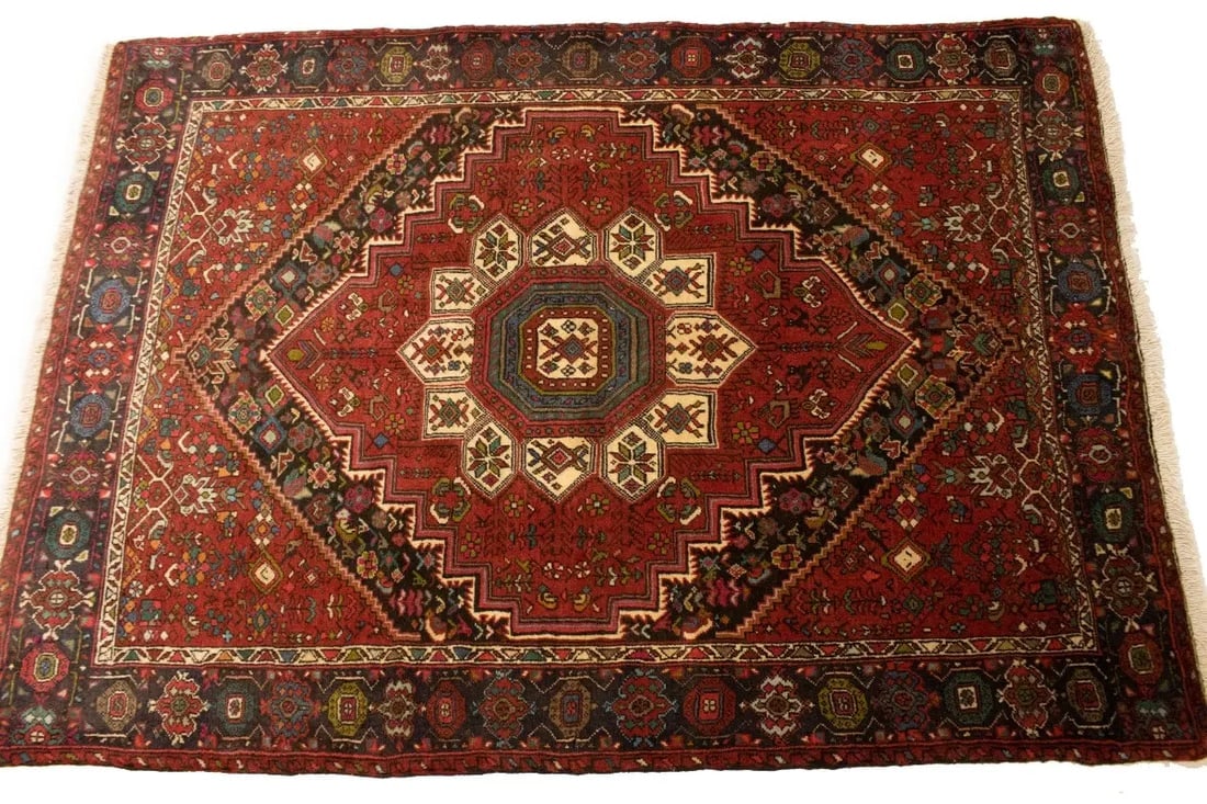 Vintage Geometric Red 3'4X4'9 Bidjar Persian Rug - 7