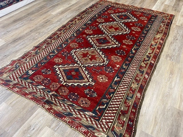 Antique kazak Caucasian Rug-4274: Title:Antique kazak Caucasian Rug-4274 Description:Beautiful antique kazak caucasian Rug from southwest Caucasian, size 4 ft. 8 inches by 7 ft. 10 inches, circa 1900 in excellent condition with all