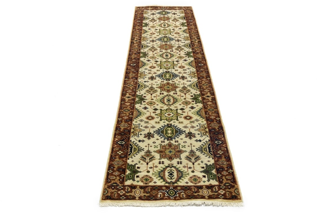 Cream and Rust Tribal Geometric 3X10 Indo-Karajeh Oriental Runner Rug - 3