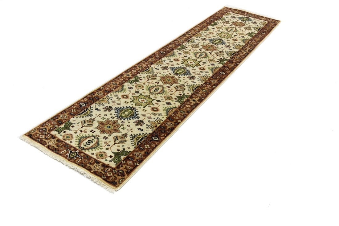 Cream and Rust Tribal Geometric 3X10 Indo-Karajeh Oriental Runner Rug - 4