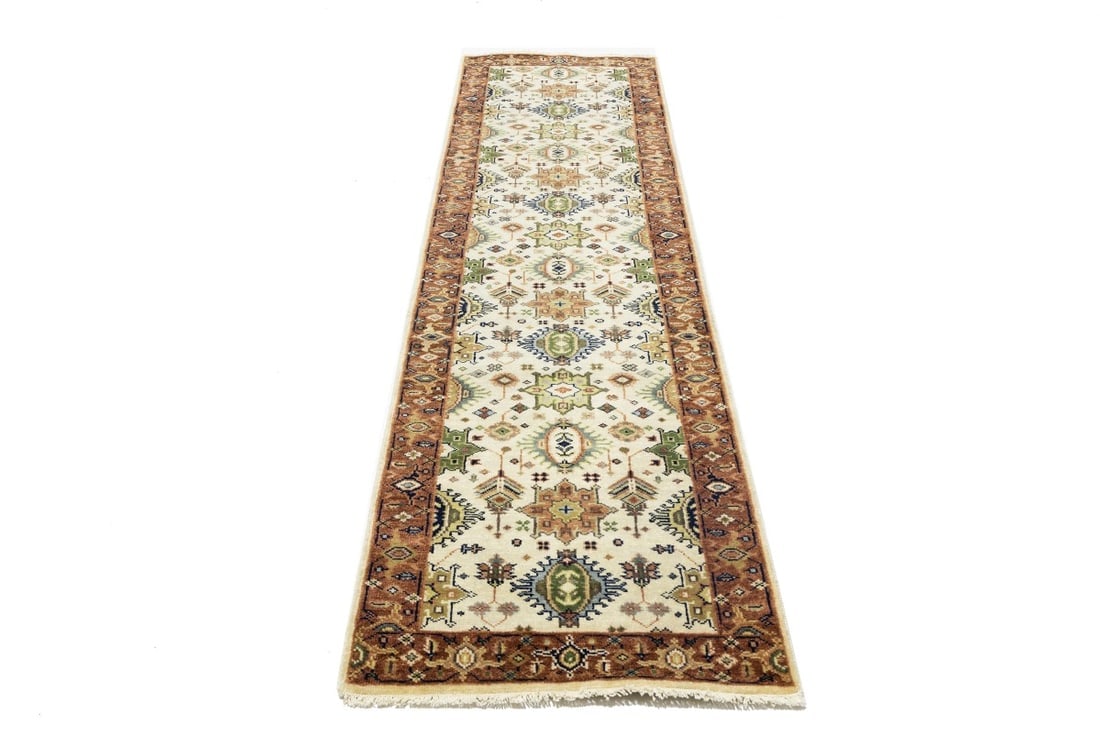 Cream and Rust Tribal Geometric 3X10 Indo-Karajeh Oriental Runner Rug - 5