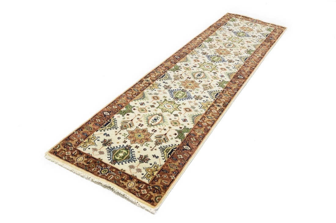 Cream and Rust Tribal Geometric 3X10 Indo-Karajeh Oriental Runner Rug - 6