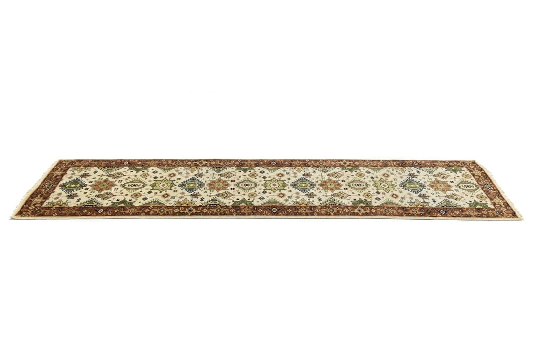 Cream and Rust Tribal Geometric 3X10 Indo-Karajeh Oriental Runner Rug - 7