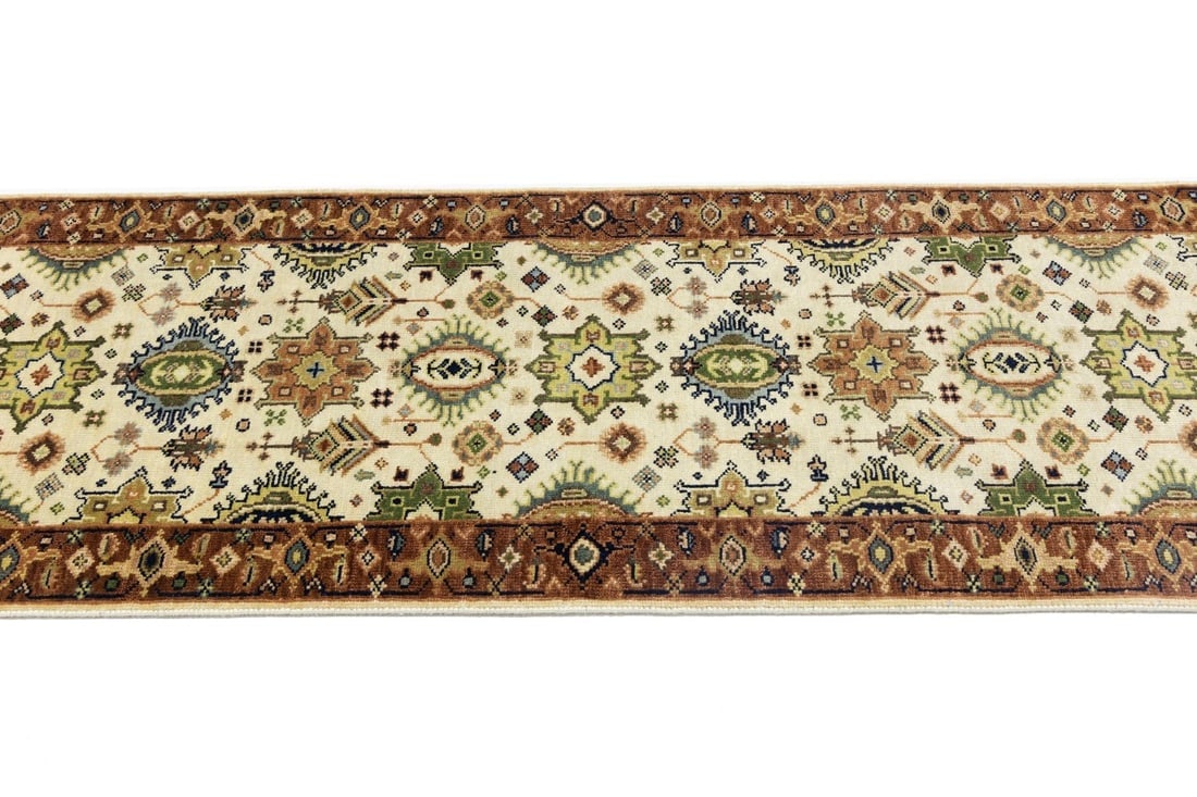 Cream and Rust Tribal Geometric 3X10 Indo-Karajeh Oriental Runner Rug - 8