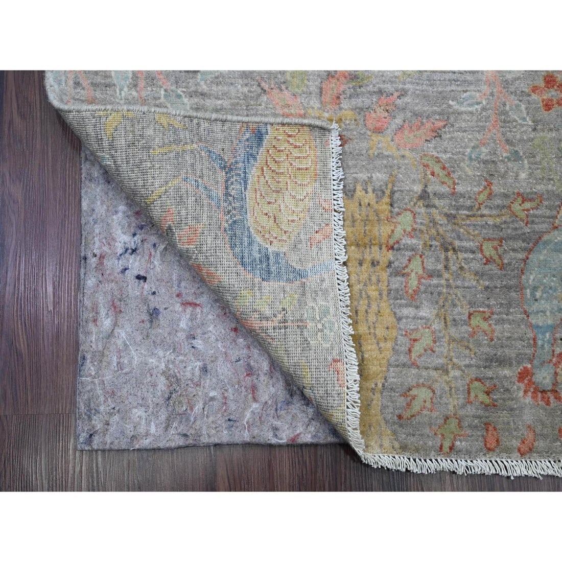 Gray Peshawar Birds of Paradise Design Hand Knotted Wool Runner Rug - 2