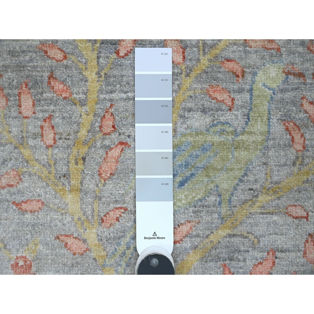 Gray Peshawar Birds of Paradise Design Hand Knotted Wool Runner Rug - 3