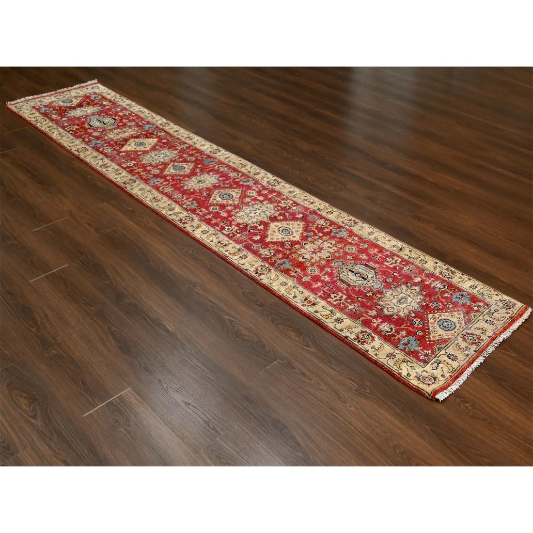 Fire Brick Red, Karajeh Design, Pure Wool, Hand Knotted Runner Rug - 2