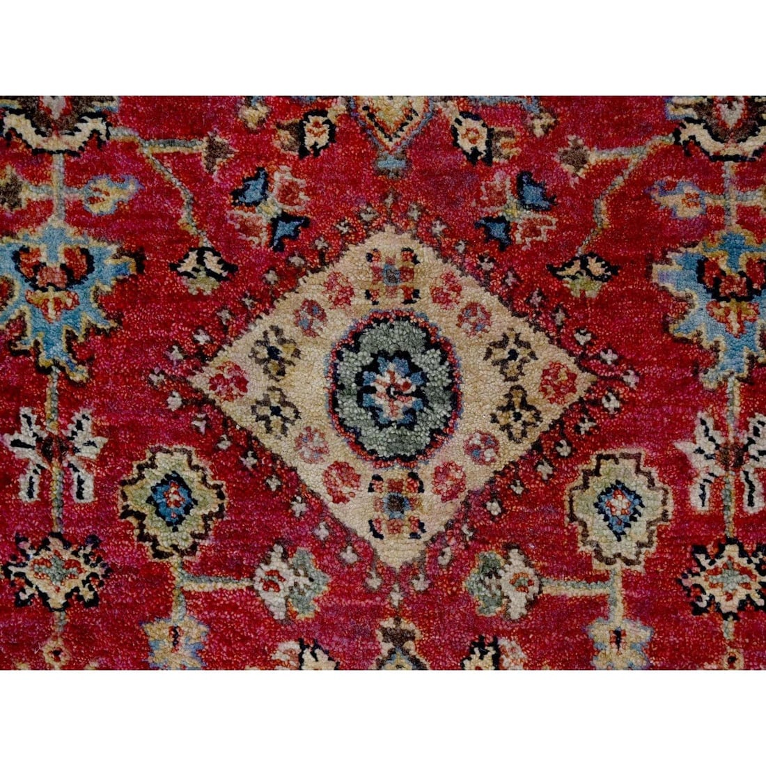 Fire Brick Red, Karajeh Design, Pure Wool, Hand Knotted Runner Rug - 5