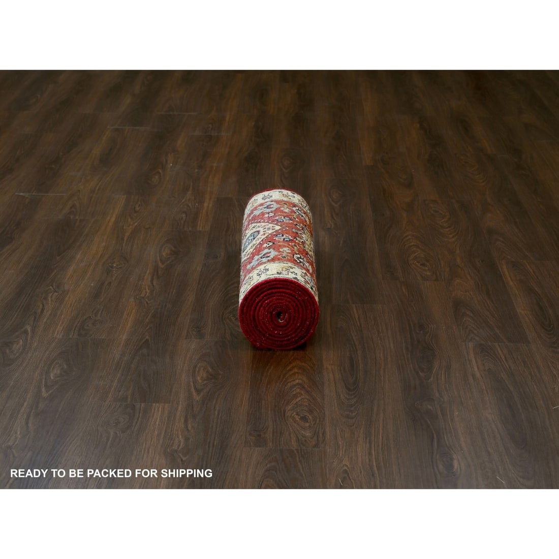 Fire Brick Red, Karajeh Design, Pure Wool, Hand Knotted Runner Rug - 6