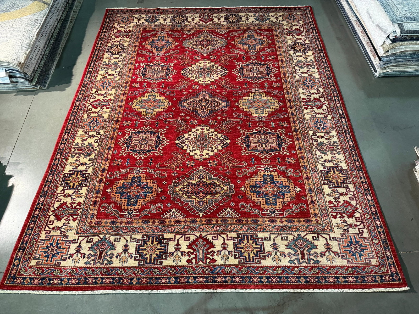 Magnificent Super Kazak Rug 7.9x9.9: Title:Magnificent Super Kazak Rug 7.9x9.9 Description:7.9x9.9 Super quality Kazak Rug, hand spun and hand knotted rug in Pakistan 100% Vegge Dye natural wool pile , in silky high sheen Red , Ivory and