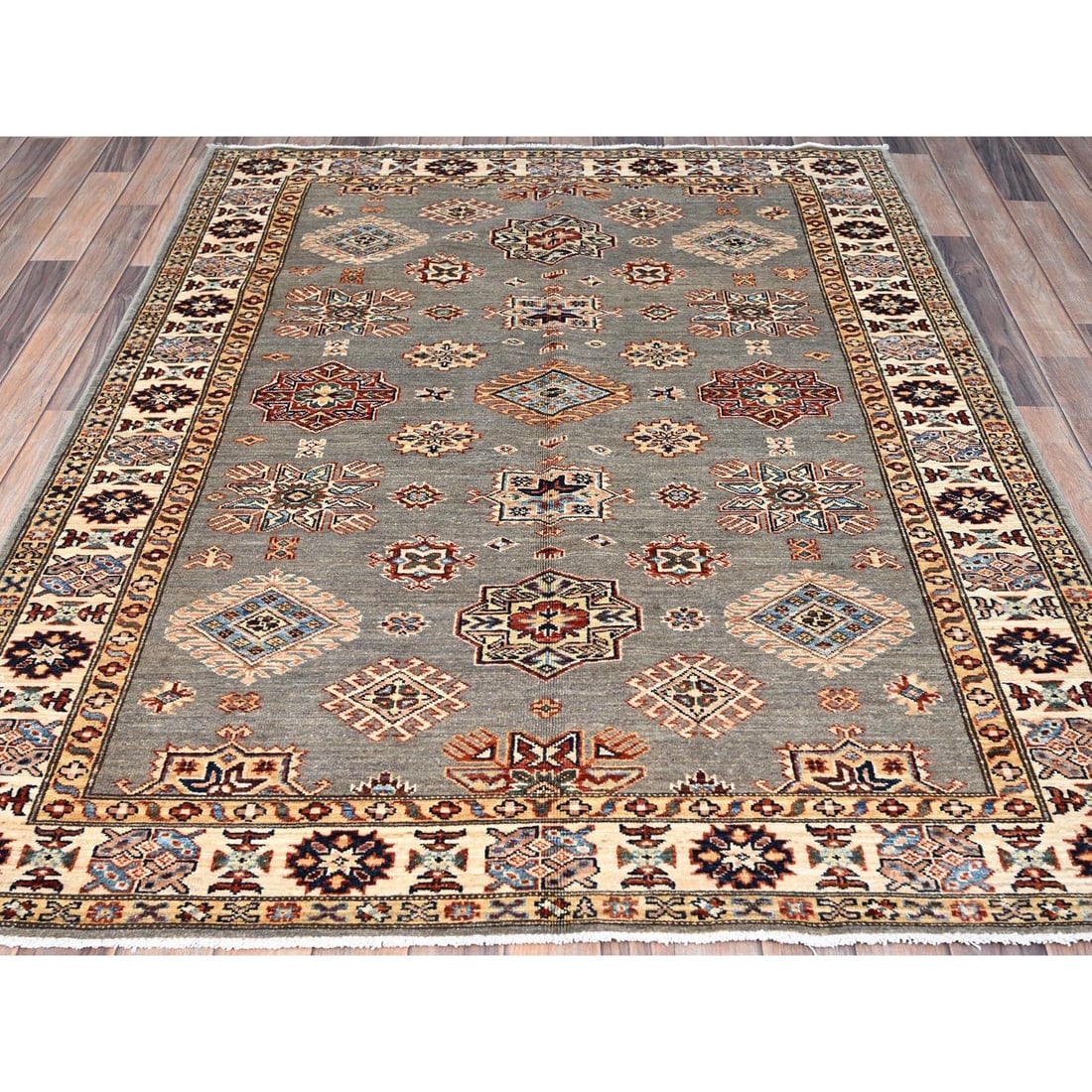 Gray Hand Knotted Super Kazak All Over Medallions Wool Oriental Rug - 2