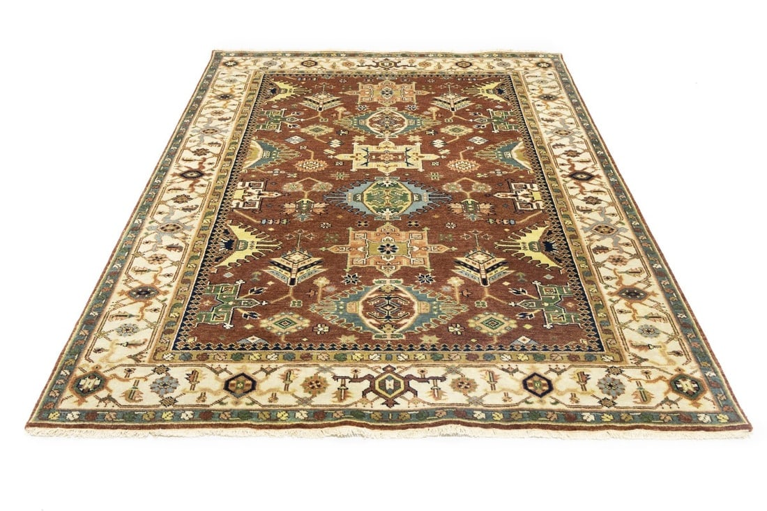 Rust and Cream Tribal Geometric 6X9 Indo-Karajeh Oriental Rug - 3