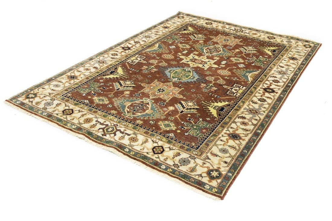 Rust and Cream Tribal Geometric 6X9 Indo-Karajeh Oriental Rug - 4