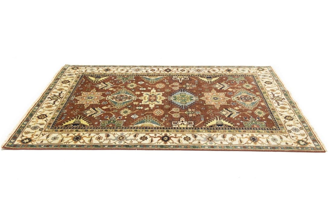 Rust and Cream Tribal Geometric 6X9 Indo-Karajeh Oriental Rug - 7