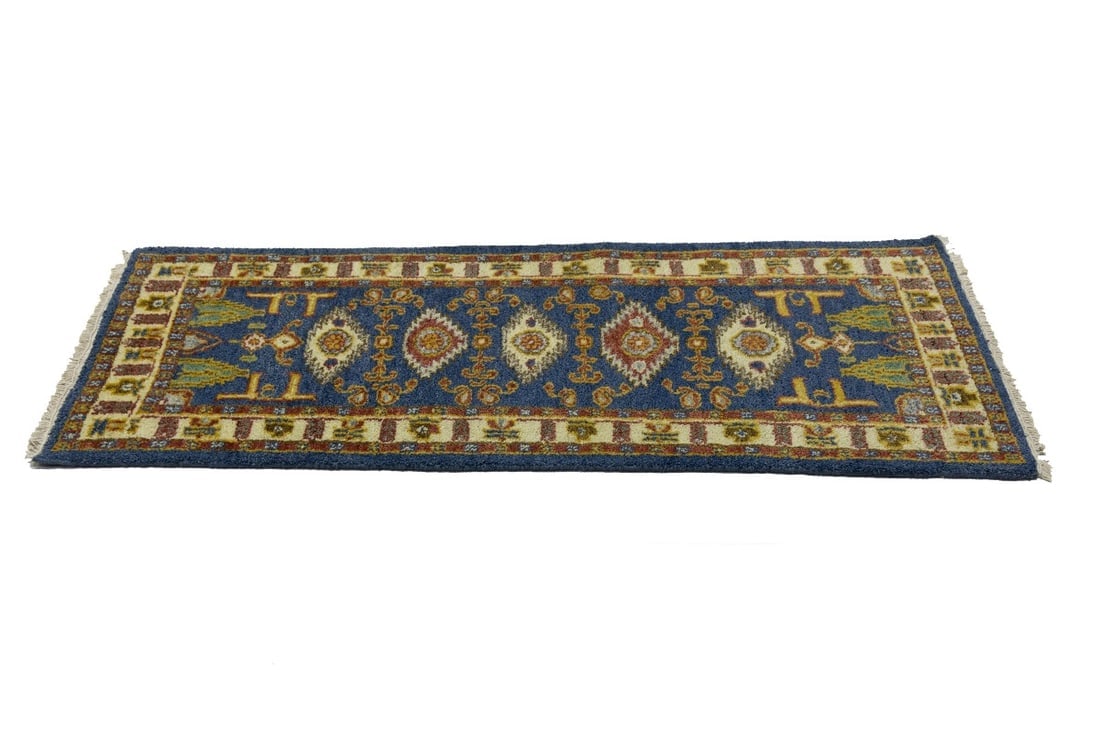 Blue Geometric 2'7X6'4 Kazak Oriental Runner Rug - 7