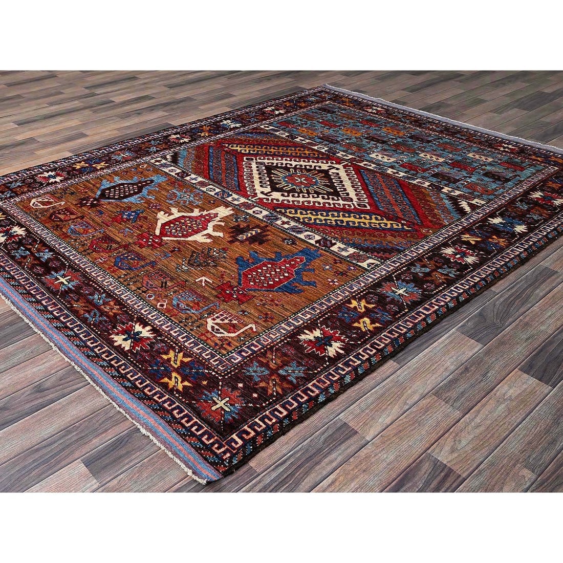 Colorful Afghan Ersari Caucasian Design Revival Hand Knotted Wool Rug - 4
