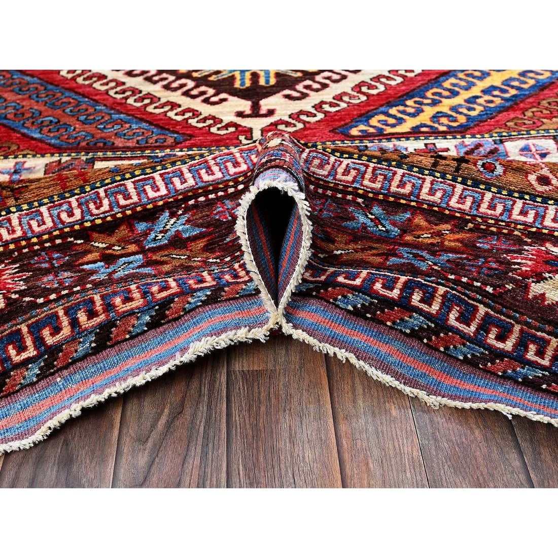 Colorful Afghan Ersari Caucasian Design Revival Hand Knotted Wool Rug - 6