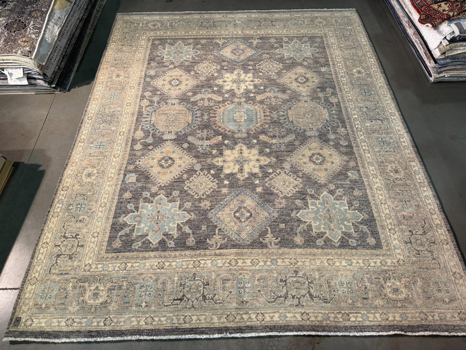 Exquisite Chobi Rug 8x10.1: Title:Exquisite Chobi Rug 8x10.1 Description:8x10.1 Magnificent Hand Knotted Antique Reproduction Chobi Rug , Hand Spun and Vegge Dye 100% wool pile in antique Grey, light blue and multi accent