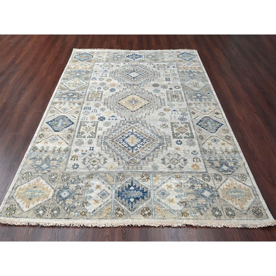 Lexicon White Hand Knotted Kazak Design Pure Wool Oriental Rug - 2