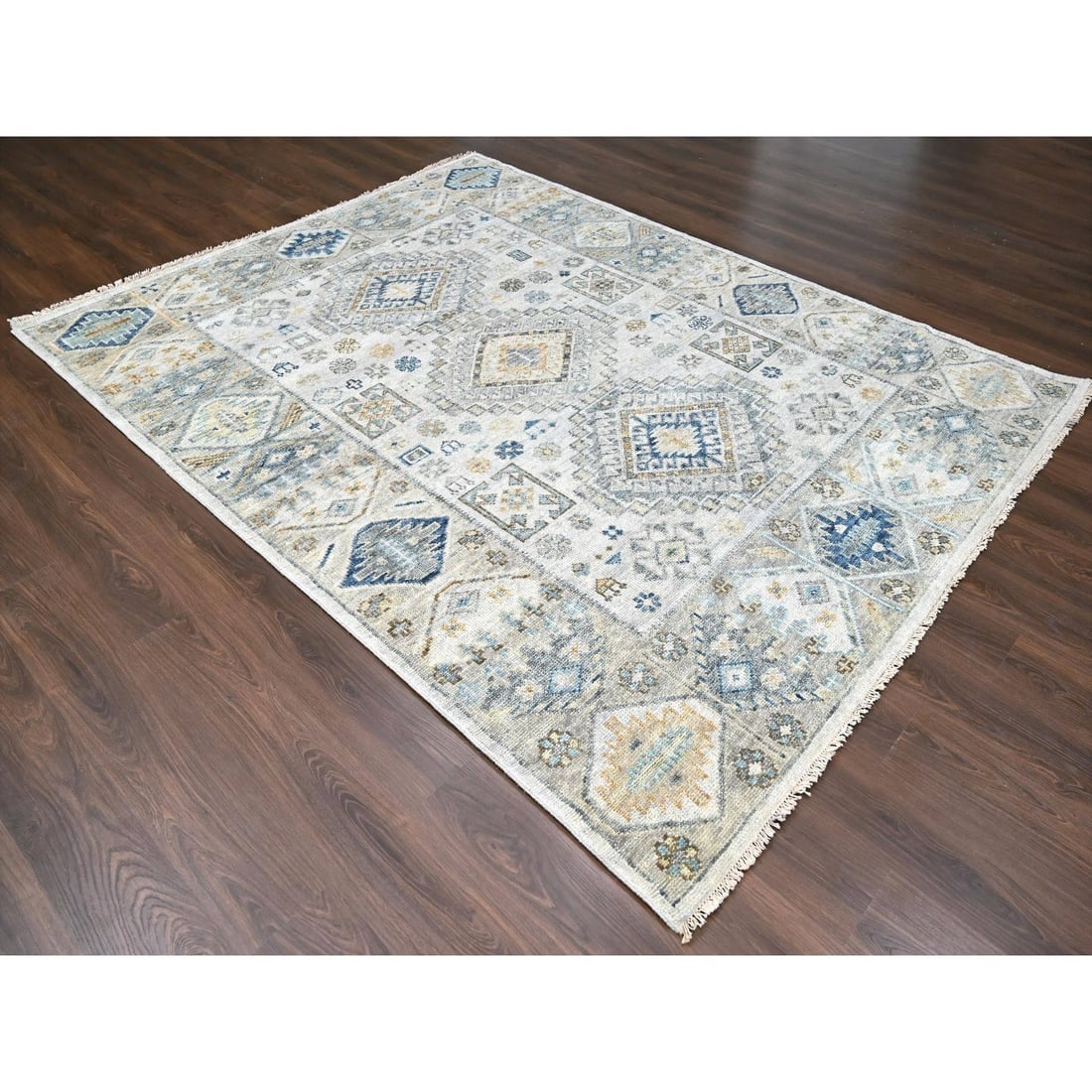 Lexicon White Hand Knotted Kazak Design Pure Wool Oriental Rug - 3