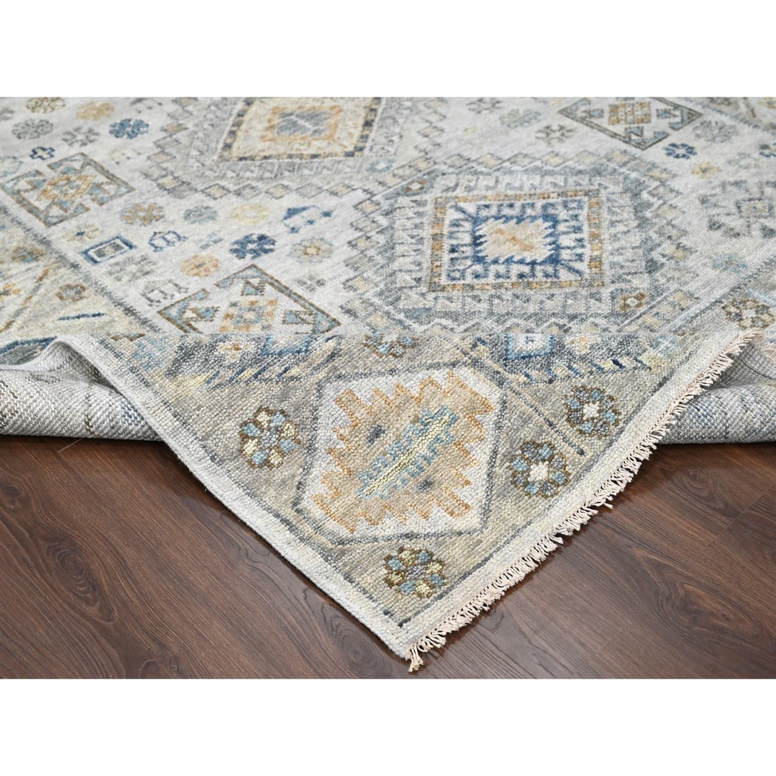 Lexicon White Hand Knotted Kazak Design Pure Wool Oriental Rug - 6
