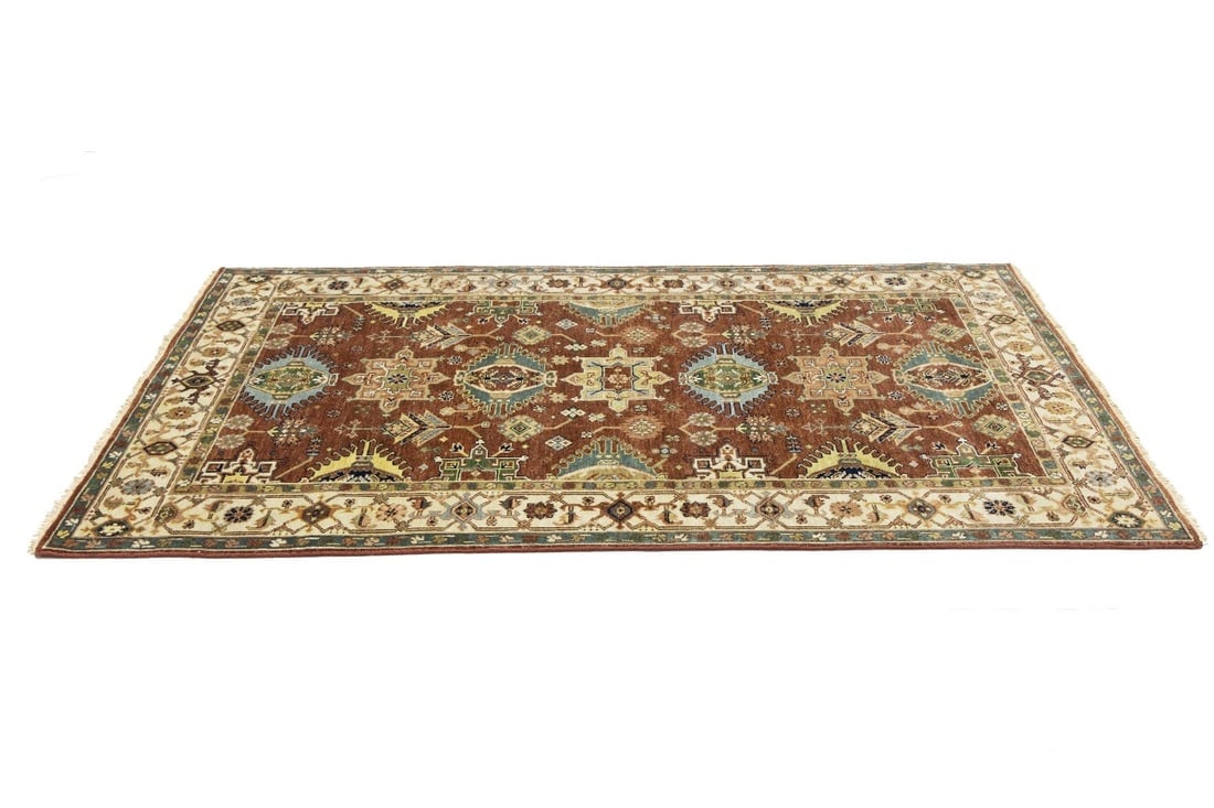 Rust and Cream Tribal Geometric 5X8 Indo-Karajeh Oriental Rug - 7