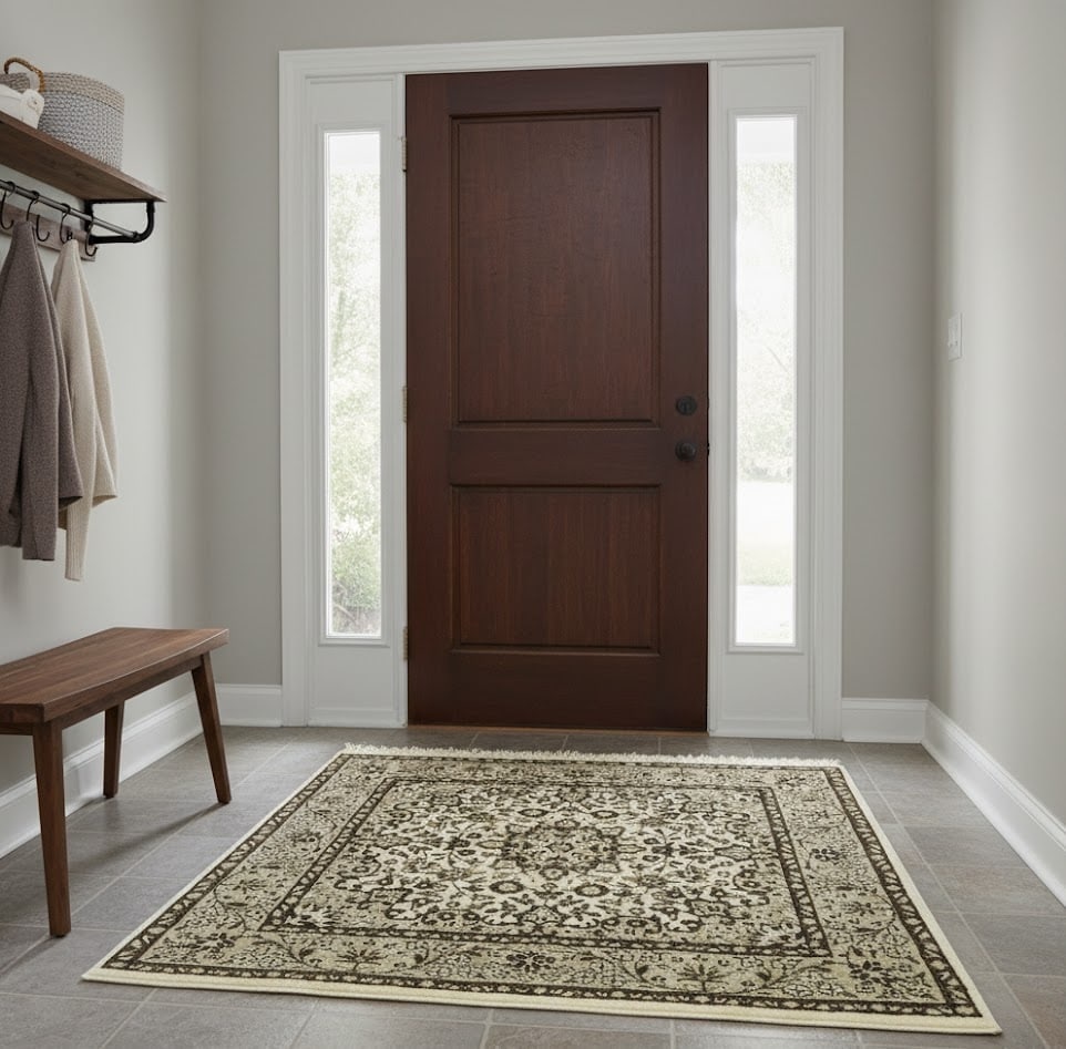 Cream Brown Floral 3X3 Kirman Oriental Square Rug - 2
