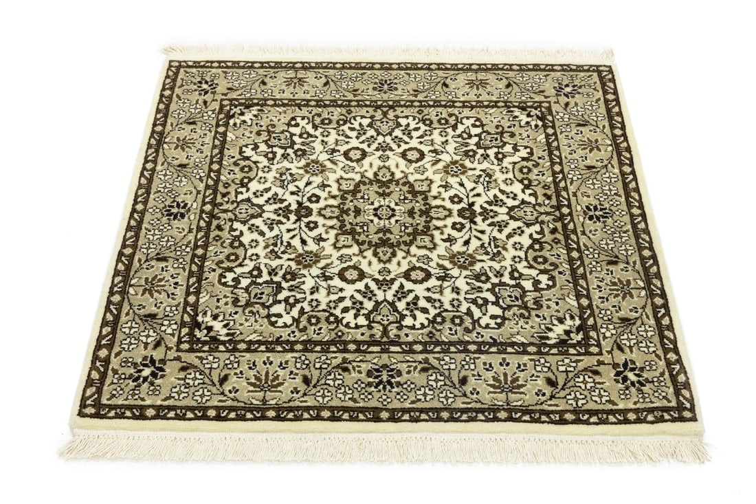 Cream Brown Floral 3X3 Kirman Oriental Square Rug - 3